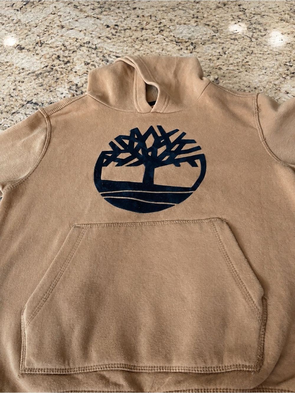 Timberland Youth Pullover Hoodie | Tan with Navy Tree Logo | Size Medium (10/12)